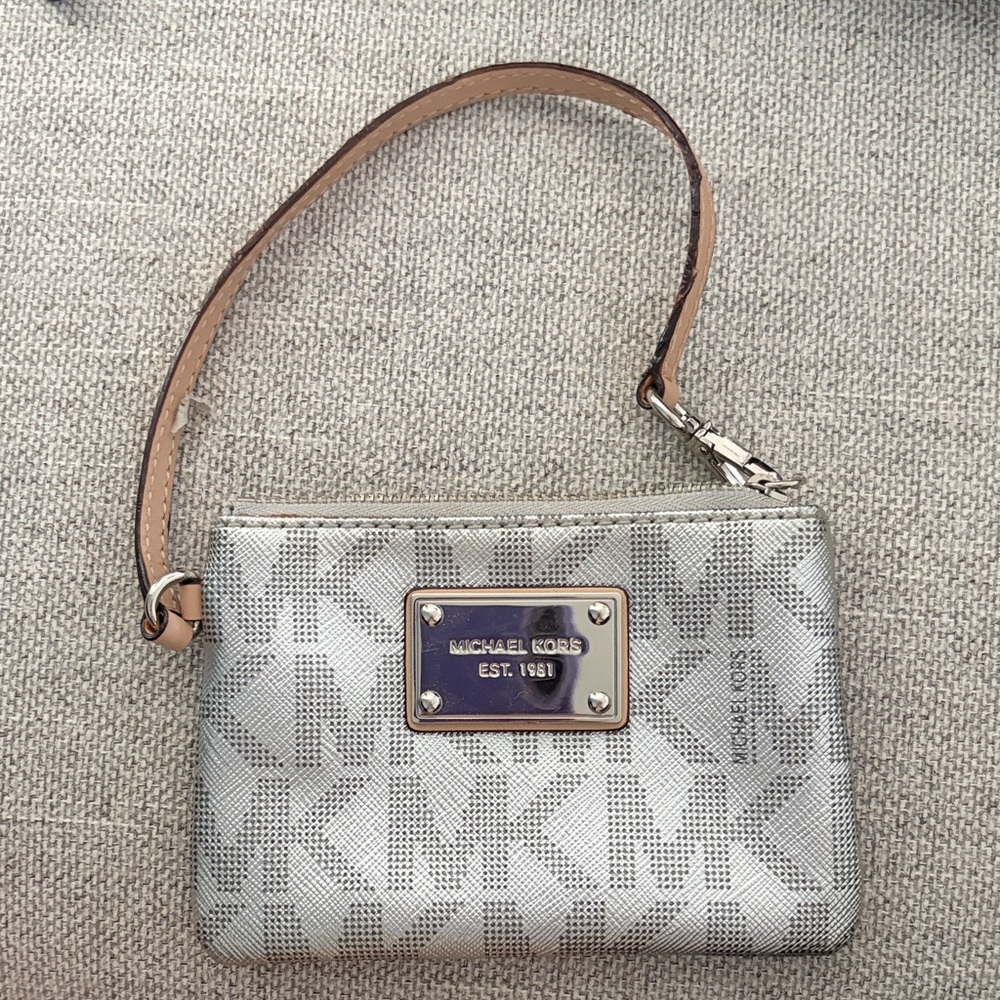 Michael Kors Silver Monogram Wristlet with Tan Strap